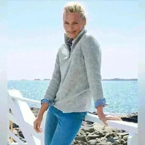 L.L Bean Women’s Cozy Cloud Quarter Zip Wool Cable Knit Sweater in Carbon Navy M